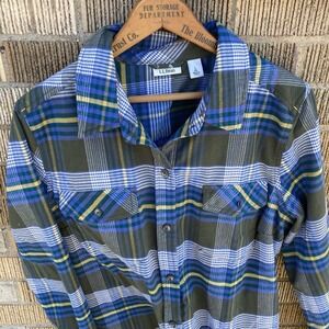 L.L.Bean Womens Large Plaid Flannel Button Front Shirt Green Blue Yellow